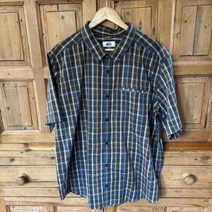 REI Mens Size XL Short Sleeve Button Front Shirt Gray Yellow Plaid Shortsleeve‎